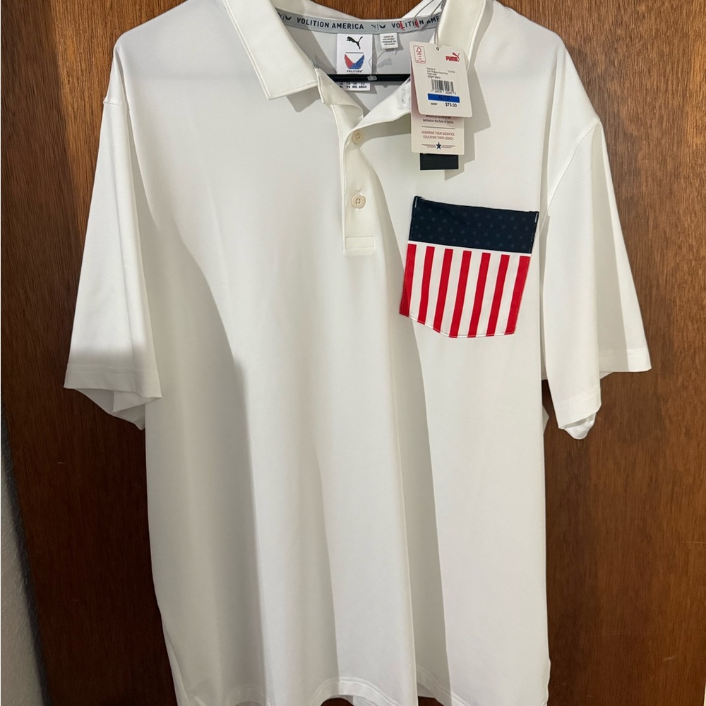 Red and White Polo Shirt with Patriotic Design